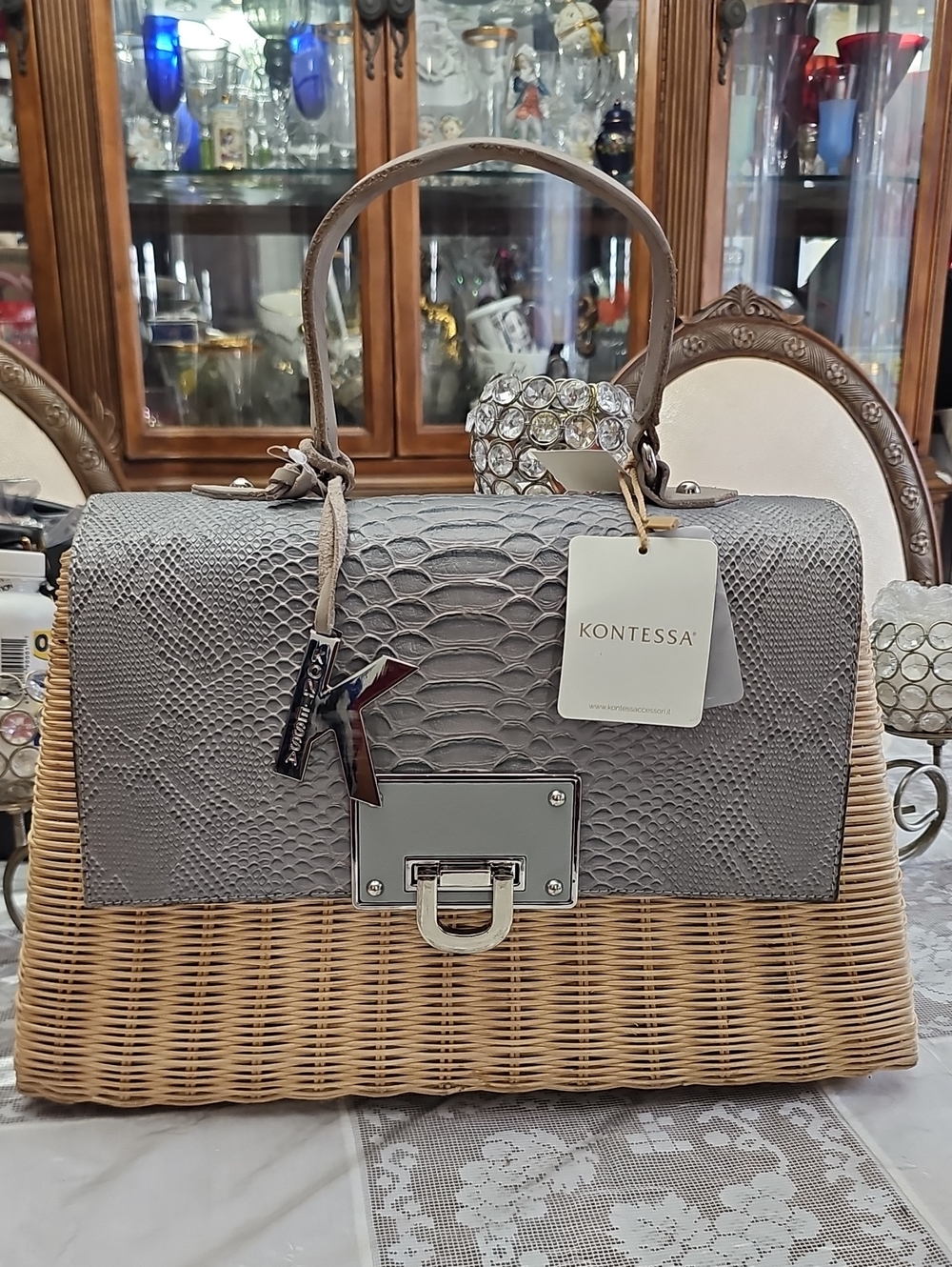 KONTESSA MADE IN ITALY Gray Top-Handle Wicker Satchel